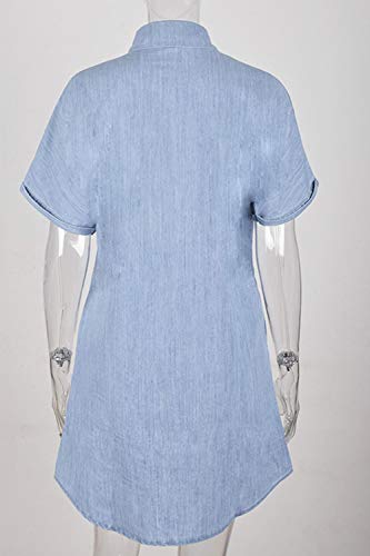 Vestidos Camisero de Denim para Mujer De Manga Corta Borlas Jeans Vestido Casual con Botones Azul XL