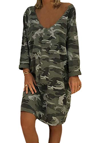 Vestidos De Camisa Mujer Rodilla Camuflaje Modernas Casual Camisetas Vestido Manga Larga V-Cuello Anchas Vintage Vestido De Verano Vestidos Camiseros (Color : Verde, Size : XL)