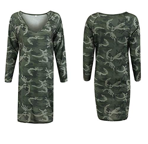 Vestidos De Camisa Mujer Rodilla Camuflaje Modernas Casual Camisetas Vestido Manga Larga V-Cuello Anchas Vintage Vestido De Verano Vestidos Camiseros (Color : Verde, Size : XL)