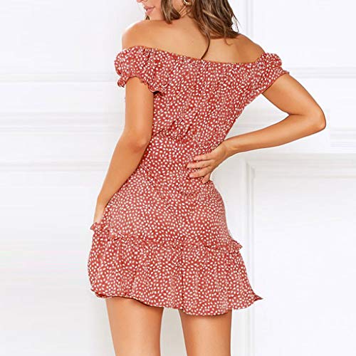 Vestidos de Fiesta Mujer Corta Verano Vestido Boho Chic Vestidos Playeros Lunares Floral Vestido Informal Suelto con Volantes y Hombros Descubiertos Vacaciones Dress Casual(Pink,40)