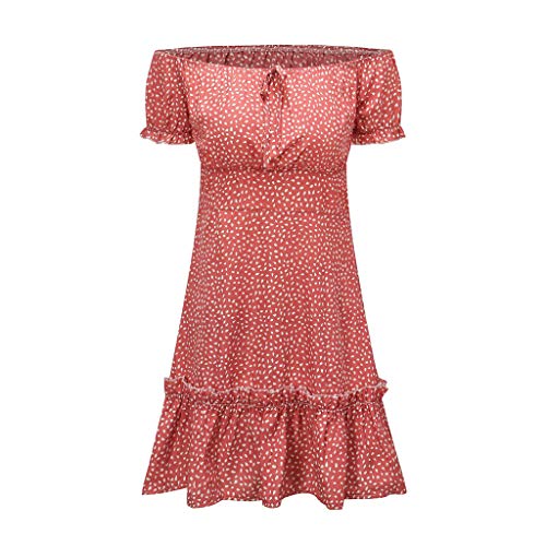 Vestidos de Fiesta Mujer Corta Verano Vestido Boho Chic Vestidos Playeros Lunares Floral Vestido Informal Suelto con Volantes y Hombros Descubiertos Vacaciones Dress Casual(Pink,40)
