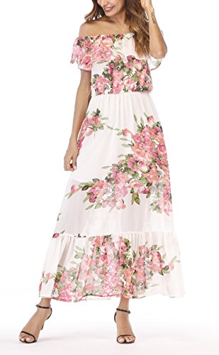 Vestidos De Fiesta Mujer Largos Tallas Clásico Grandes Elegante Verano Barco Cuello Manga Corta Sin Tirantes Maxi Vestido Impresión Floral Bonita Joven Fashionista Coctel Dress Blanco Chicos