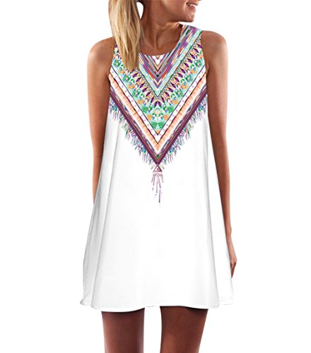 Vestidos de Verano Cortos Mujer Vestido de Diario Boho Estampados Flores Corto Rectos Casuales Mini Vestidos Playeros sin Mangas Diarios Gasa Sueltos Señora Vestido Playero Bonitos Anchos Blanco L