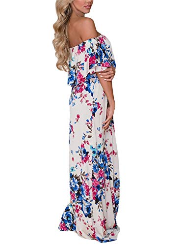 Vestidos Maxi Mujer Verano Elegante Moda Volantes Largos Vestidos Barco Cuello Sin Tirantes Flores Estampadas Bohemio Casual Beach (White,S)