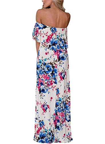 Vestidos Maxi Mujer Verano Elegante Moda Volantes Largos Vestidos Barco Cuello Sin Tirantes Flores Estampadas Bohemio Casual Beach (White,S)