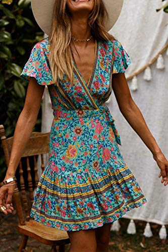 Vestidos Mujer Bohemio Corto Florales Verano Playa Fiesta Vestido Casual Magas Cortas Cuello en V Noche Playa Vacaciones 2 S