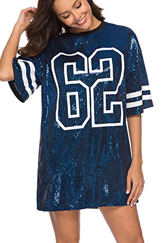 Vestidos Mujer Camiseta Vestido Casual Lentejuelas Verano Vestido Manga Corta Club Mini Vestidos de Fiesta Blue XL