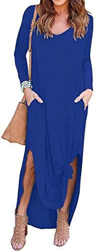 Vestidos Mujer Casual Largos Vestido Cuello V Manga Larga Otoño Vestidos Boho Hendidura Falda Larga Maxi Vestido Bluelong L