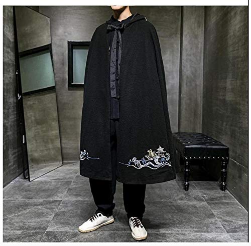 VIAIA Capa de Rompevientos Chinos Cosplay Costume Black Hooded Hanfu Ropa Hombres Clásico Capa Antigua Algodón Lino Kimono Cardigan (Color : Negro, Size : One Size)