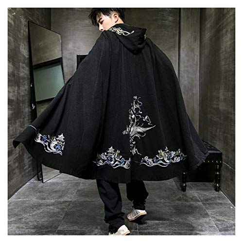 VIAIA Capa de Rompevientos Chinos Cosplay Costume Black Hooded Hanfu Ropa Hombres Clásico Capa Antigua Algodón Lino Kimono Cardigan (Color : Negro, Size : One Size)