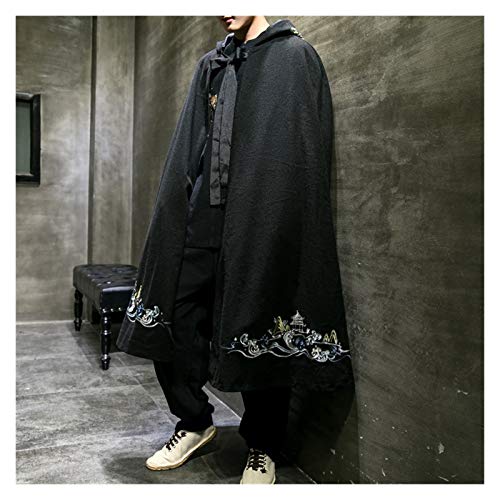 VIAIA Capa de Rompevientos Chinos Cosplay Costume Black Hooded Hanfu Ropa Hombres Clásico Capa Antigua Algodón Lino Kimono Cardigan (Color : Negro, Size : One Size)