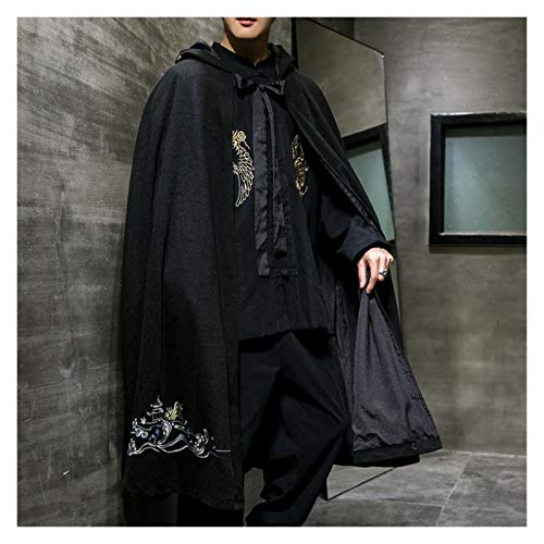 VIAIA Capa de Rompevientos Chinos Cosplay Costume Black Hooded Hanfu Ropa Hombres Clásico Capa Antigua Algodón Lino Kimono Cardigan (Color : Negro, Size : One Size)