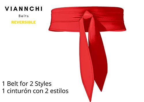 viannchi Cinturón de mujer Fajín ancho Reversible dos tonos Ecopiel y Ante PU, talla única ajustable. Dos cinturones en uno. Cinturón Obi Cuero Artificial (Rojo)
