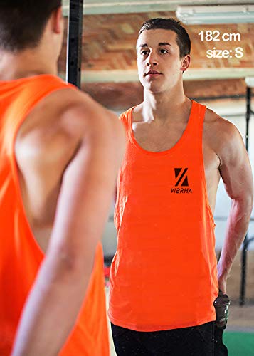 Vibrha Camiseta Deportiva Sin Mangas Flúor De Hombre - Camiseta Fitness De Tirantes Sisa Ancha Bodybuilding Gym (Naranja, S)