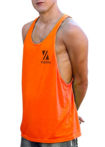 Vibrha Camiseta Deportiva Sin Mangas Flúor De Hombre - Camiseta Fitness De Tirantes Sisa Ancha Bodybuilding Gym (Naranja, S)