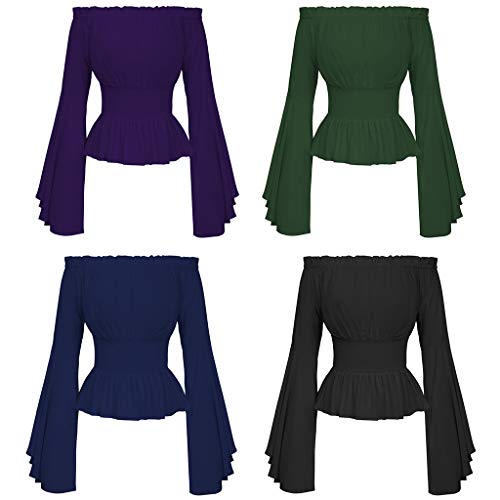 VIccoo Camisa, Blusa gótica renacentista para Mujer, Mangas Acampanadas, Volantes, corsé con Hombros Descubiertos, Blusa Medieval Victoriana, Disfraz de Cosplay, Camisa Pirata - Verde - L