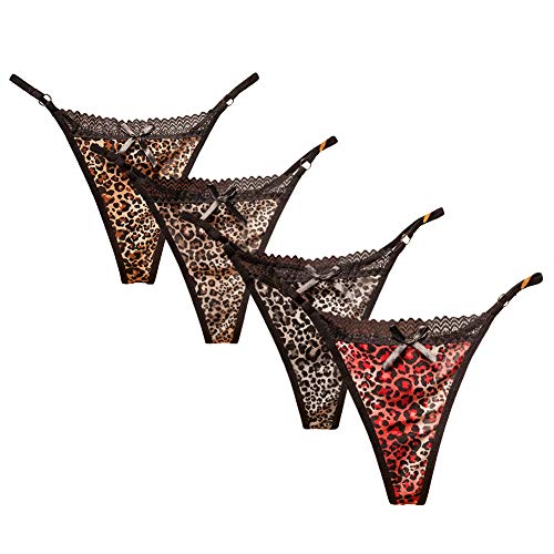VicSec Pack de Braguitas Mujeres Sexy Encaje Fina, Erótica Tanga Suave G-String Atractiva Lencería Interior Espalda Decora Corazon Talla Única (4 Pack Leopardo)