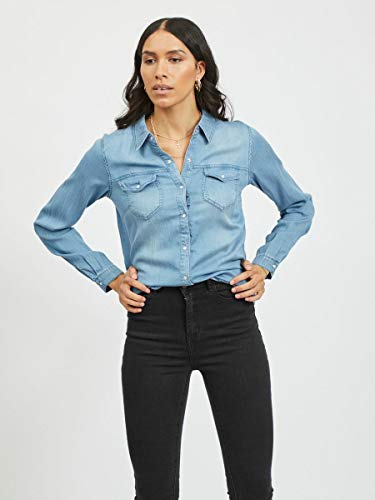 Vila Clothes Vibista Shirt-Noos Blusa, Azul (Medium Blue Denim Wash: Clean), 38 (Talla del Fabricante: Medium) para Mujer