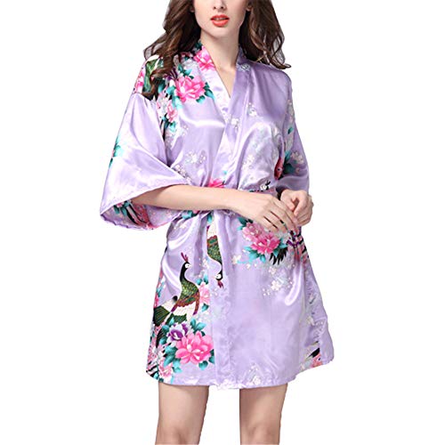 VILLAVIVI Vestido Párrafo Corto Mujer Kimono Pavo Flores Satén Albornoces Pijamas (S, Lila)