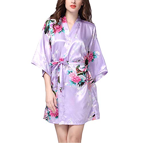 VILLAVIVI Vestido Párrafo Corto Mujer Kimono Pavo Flores Satén Albornoces Pijamas (S, Lila)