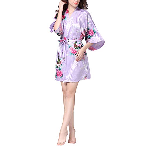VILLAVIVI Vestido Párrafo Corto Mujer Kimono Pavo Flores Satén Albornoces Pijamas (S, Lila)