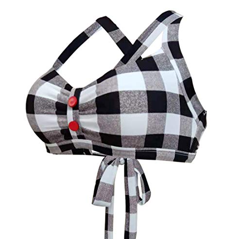 Viloree Bikini retro de los años 50 Rockabilly, parte superior de bikini Bralette Push Up Bandeau Racer Back sin aros a cuadros Negro y blanco. M
