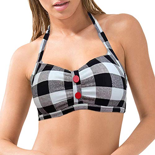 Viloree Bikini retro de los años 50 Rockabilly, parte superior de bikini Bralette Push Up Bandeau Racer Back sin aros a cuadros Negro y blanco. M