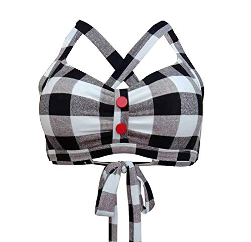 Viloree Bikini retro de los años 50 Rockabilly, parte superior de bikini Bralette Push Up Bandeau Racer Back sin aros a cuadros Negro y blanco. M