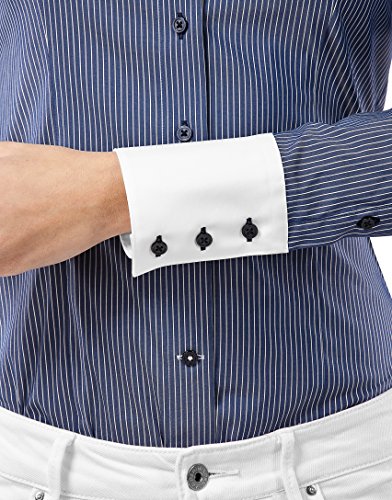 Vincenzo Boretti Camisa de Mujer, Ajustada Entallado (Slim-fit), Mezcla de algodón, Ligeramente elástica, Cuello Kent, Estampada de Rayas - fácil de Planchar (Easy Iron) Azul Oscuro/Blanco 38