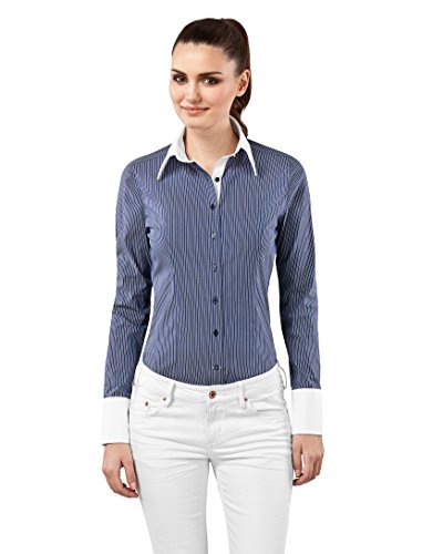 Vincenzo Boretti Camisa de Mujer, Ajustada Entallado (Slim-fit), Mezcla de algodón, Ligeramente elástica, Cuello Kent, Estampada de Rayas - fácil de Planchar (Easy Iron) Azul Oscuro/Blanco 38