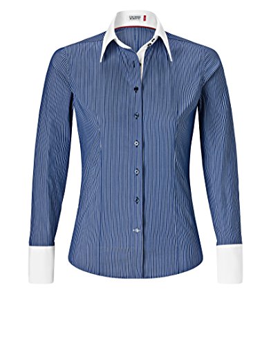 Vincenzo Boretti Camisa de Mujer, Ajustada Entallado (Slim-fit), Mezcla de algodón, Ligeramente elástica, Cuello Kent, Estampada de Rayas - fácil de Planchar (Easy Iron) Azul Oscuro/Blanco 38