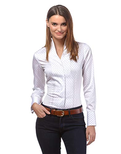 Vincenzo Boretti Camisa de Mujer, Corte Ligeramente más angosto, 100% algodón, Manga-Larga, Cuello cáliz, Lisa, fácil de Planchar, Elegante y clásica Blanco/Azul 34