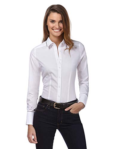 Vincenzo Boretti Camisa de Mujer, Corte Ligeramente más angosto, 100% algodón, Manga-Larga, Lisa, fácil de Planchar, Cuello Kent, Elegante y clásica Blanco 34