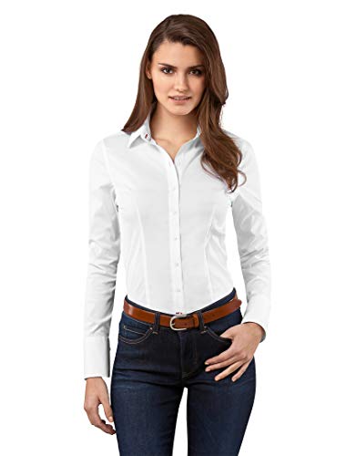 Vincenzo Boretti Camisa de Mujer Elegante y clásica, Ajustada Entallado (Slim-fit), Mezcla de algodón, Ligeramente elástica, Manga-Larga, Cuello Kent, Lisa - fácil de Planchar Blanco 38