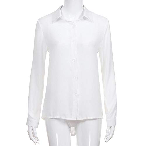 VJGOAL Camisas de Gasa para Mujer Camisetas de Manga Larga de Solapa Color Sólido Blusas Otoño Tops con Botones(x-Large,Blanco)