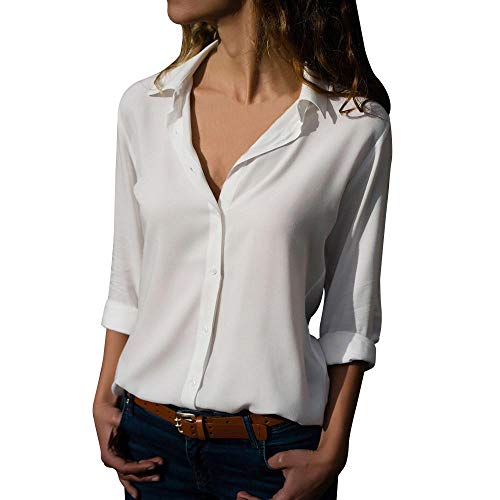 VJGOAL Camisas de Gasa para Mujer Camisetas de Manga Larga de Solapa Color Sólido Blusas Otoño Tops con Botones(x-Large,Blanco)