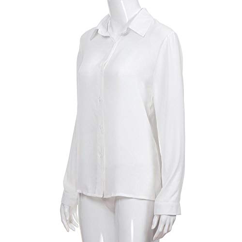 VJGOAL Camisas de Gasa para Mujer Camisetas de Manga Larga de Solapa Color Sólido Blusas Otoño Tops con Botones(x-Large,Blanco)