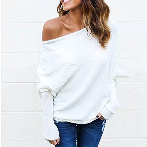 VJGOAL Moda Casual de Mujer Fuera de Hombros Tops Sexy Suelta Batwing Manga Larga de Camisa suéter(S,Blanco)