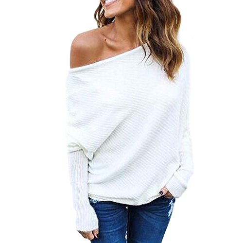 VJGOAL Moda Casual de Mujer Fuera de Hombros Tops Sexy Suelta Batwing Manga Larga de Camisa suéter(S,Blanco)