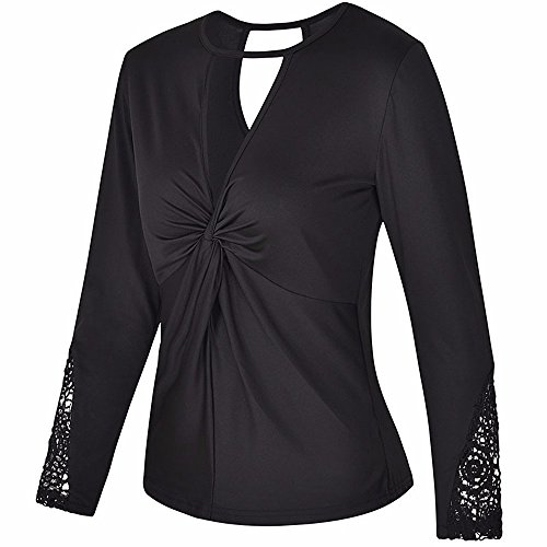 VJGOAL Moda Casual para Mujer Sexy con Cuello en v Patchwork de Encaje Manga Larga parcialmente ahuecada Camisa Jersey Blusa Tops