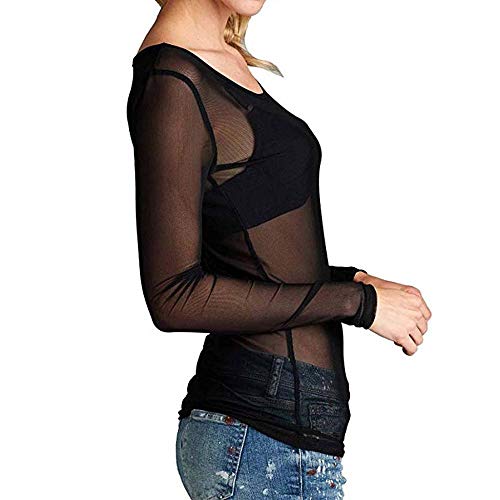 VJGOAL Moda Casual para Mujer Sexy Gasa Transparente Camisa de Cuello Redondo de Manga Larga Blusa(L,Negro)