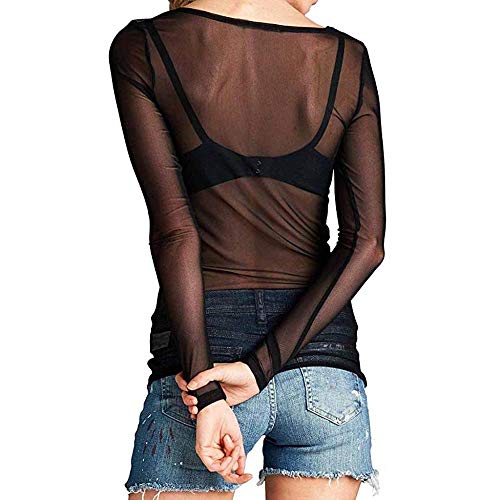 VJGOAL Moda Casual para Mujer Sexy Gasa Transparente Camisa de Cuello Redondo de Manga Larga Blusa(L,Negro)
