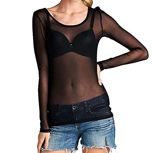 VJGOAL Moda Casual para Mujer Sexy Gasa Transparente Camisa de Cuello Redondo de Manga Larga Blusa(L,Negro)