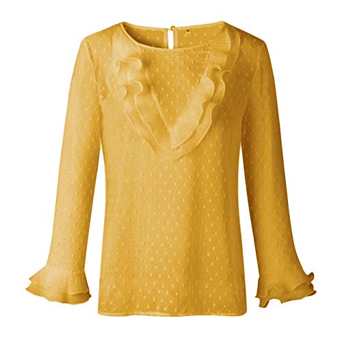 VJGOAL Moda Mujer Casual Encaje Sexy Lunares O Cuello Dulce Volante Camiseta Manga Larga Tops Blusa (L, X-Amarillo)