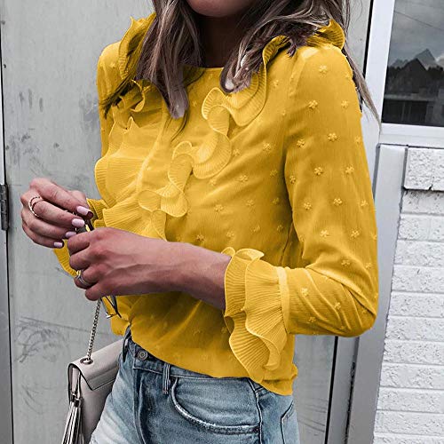 VJGOAL Moda Mujer Casual Encaje Sexy Lunares O Cuello Dulce Volante Camiseta Manga Larga Tops Blusa (L, X-Amarillo)