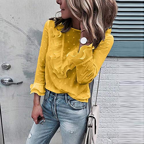 VJGOAL Moda Mujer Casual Encaje Sexy Lunares O Cuello Dulce Volante Camiseta Manga Larga Tops Blusa (L, X-Amarillo)
