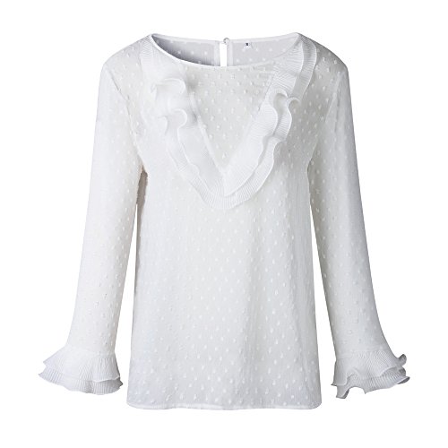 VJGOAL Moda Mujer Casual Encaje Sexy Lunares O Cuello Dulce Volante Camiseta Manga Larga Tops Blusa (S, Blanco)