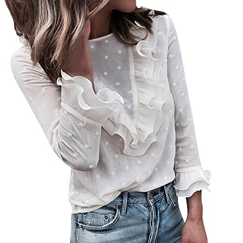 VJGOAL Moda Mujer Casual Encaje Sexy Lunares O Cuello Dulce Volante Camiseta Manga Larga Tops Blusa (S, Blanco)