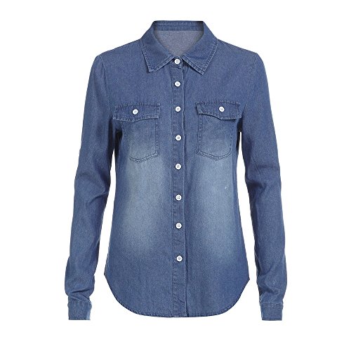 VJGOAL Moda para Mujer Casual Azul Jean Solapa Botón Camisa de Manga Larga Tops Blusa Chaqueta