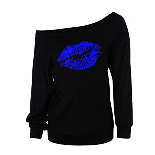 VJGOAL Mujeres otoño Casual Sexy Labios Impreso Manga Larga Sudadera Pullover Tops Blusa Camisa(S,Azul)